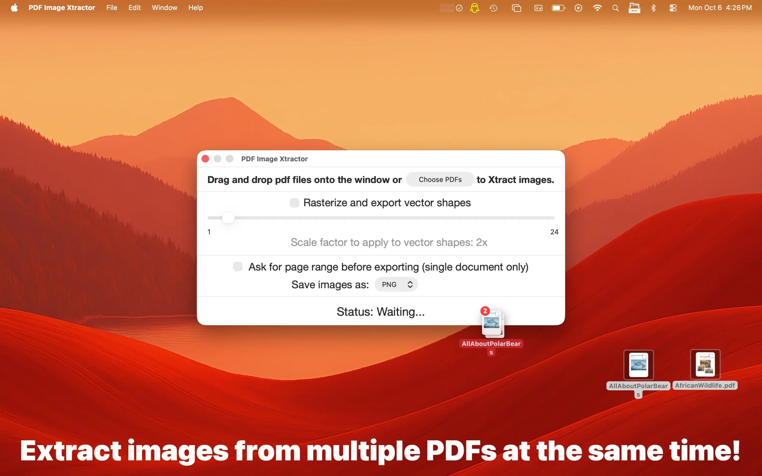 Multiple PDF documents being dragged to PDF Image Xtractor app window.