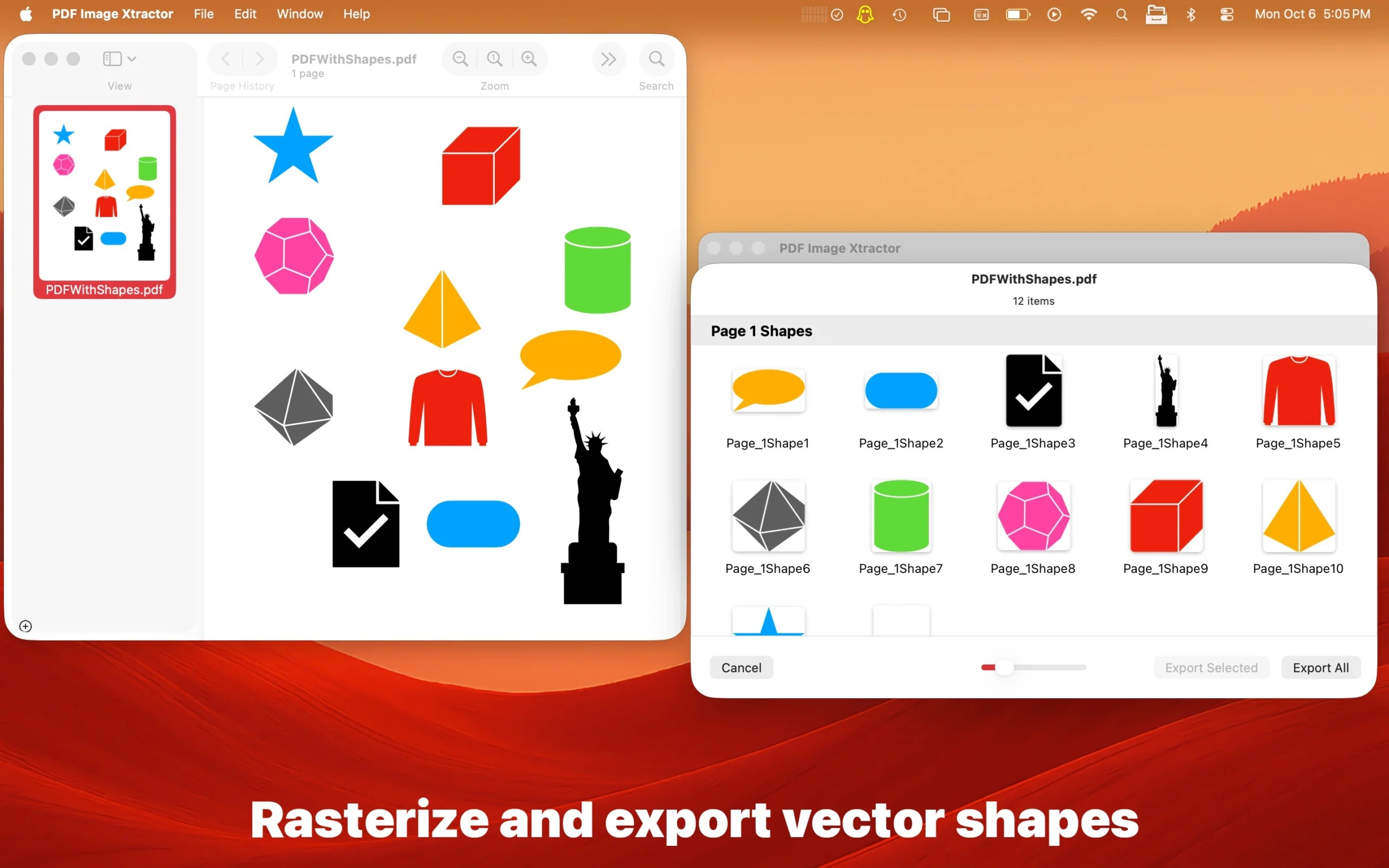 Export PDF vector shapes as images on macOS with the PDF Image Xtractor app.
