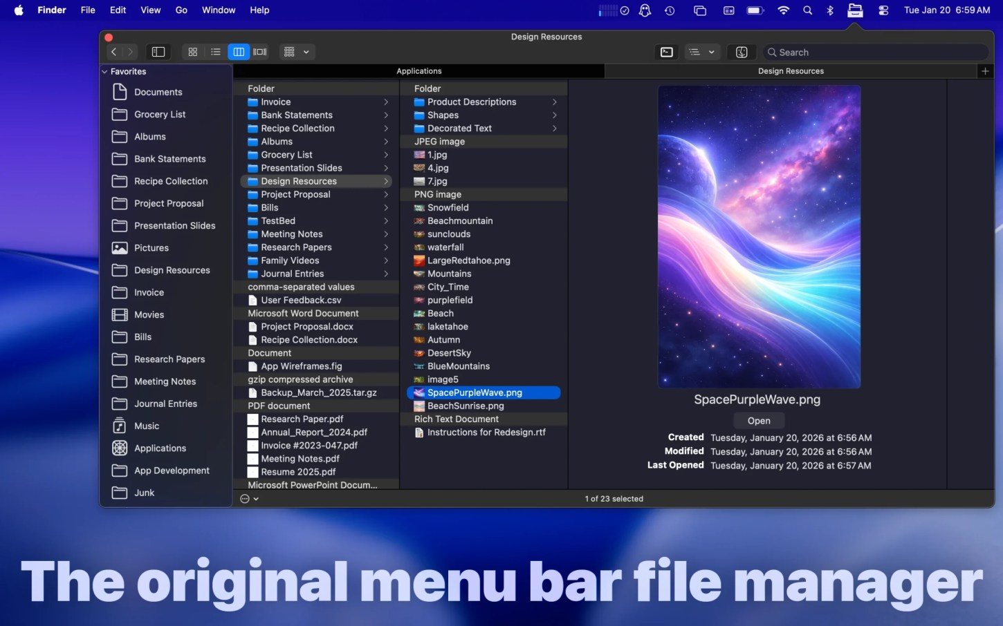 File Cabinet Pro macOS Tahoe screenshot of column view, expanded layout in Dark Mode.
