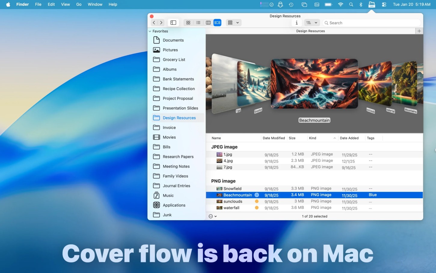 Cover Flow view on macOS Tahoe in the File Cabinet Pro app.