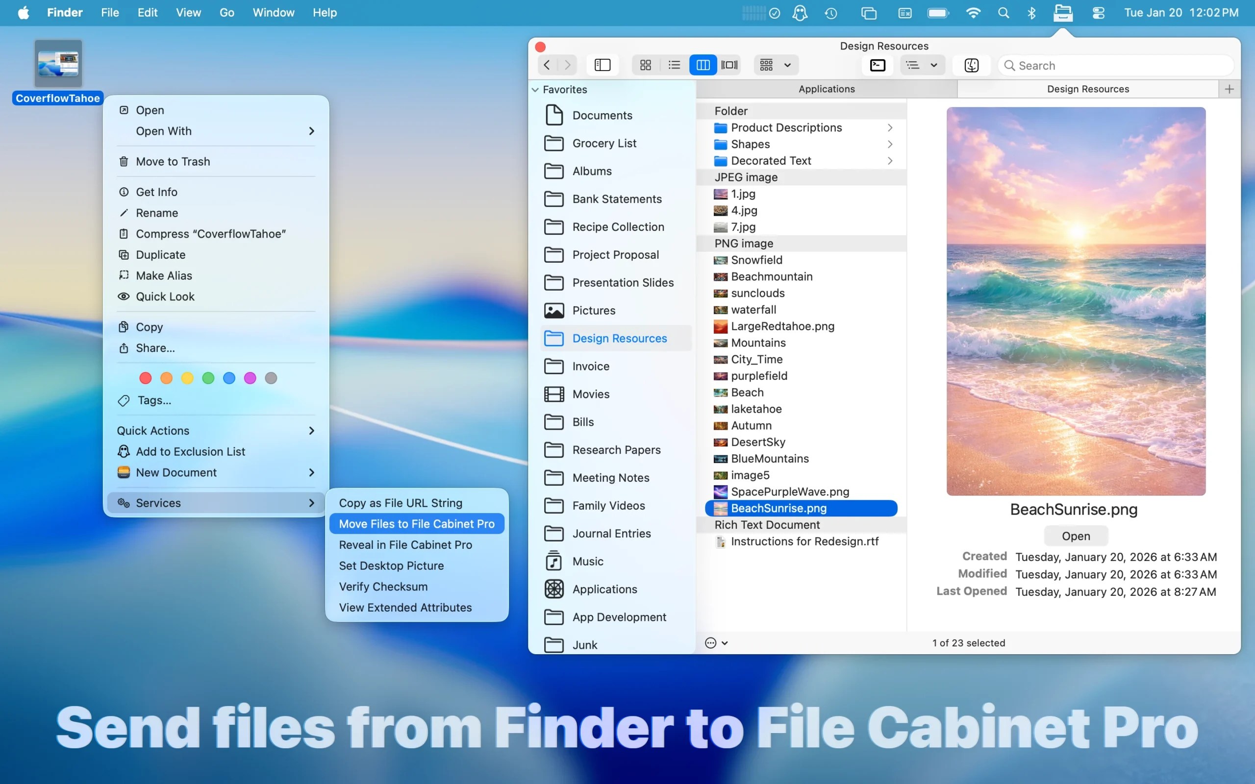 File Cabinet Pro screenshot demonstrating the "Move files to File Cabinet Pro" macOS Service.