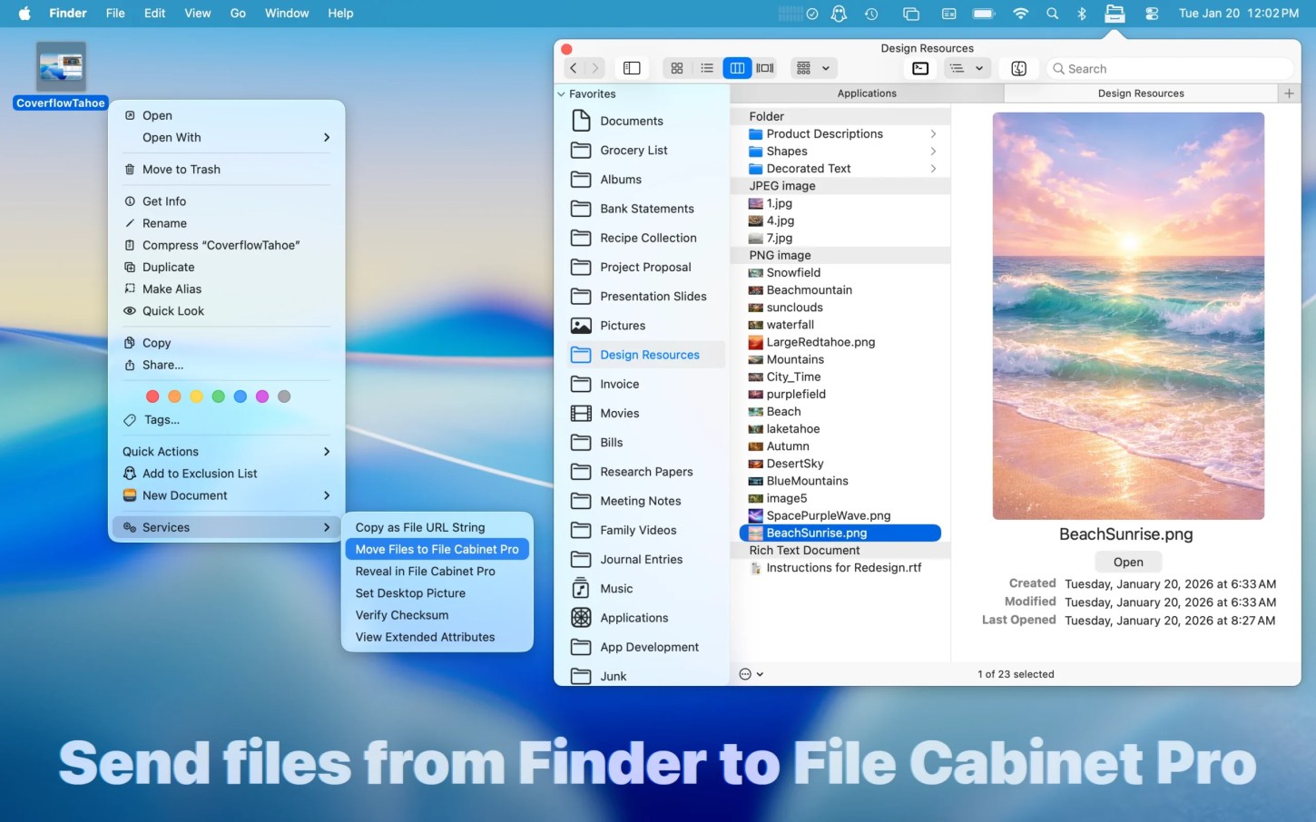 File Cabinet Pro screenshot demonstrating the "Move files to File Cabinet Pro" macOS Service.