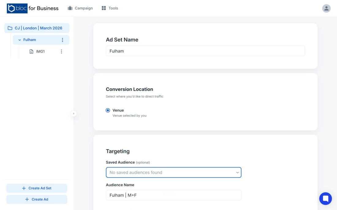 Bloc for Business ad set targeting and audience