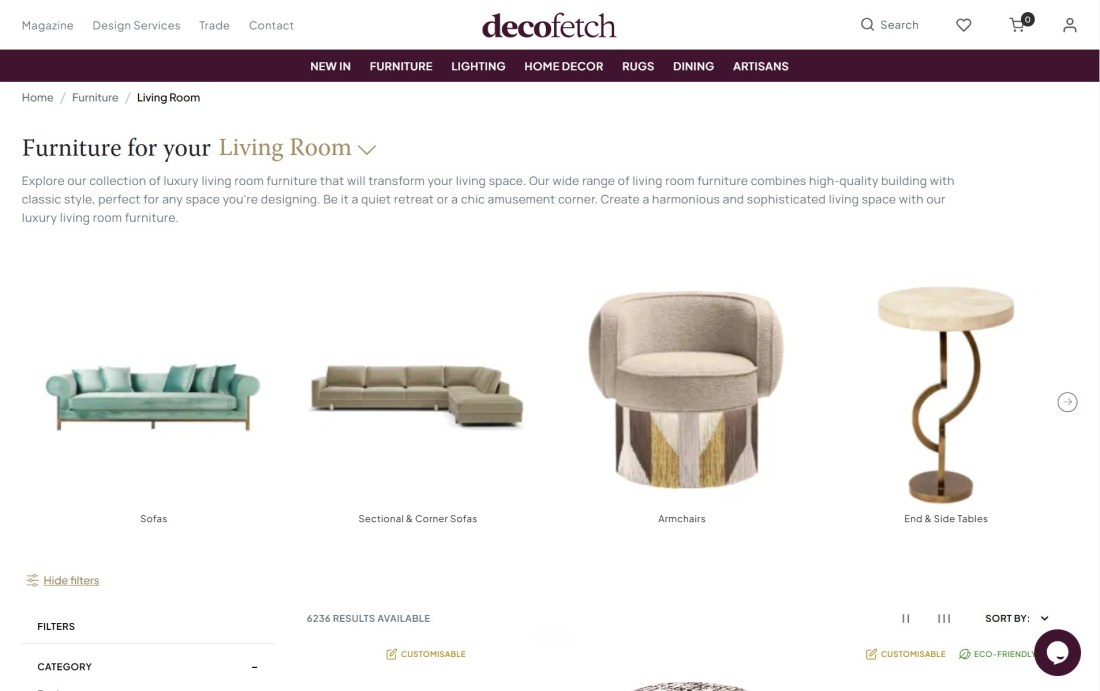 Decofetch living-room category with luxury furniture