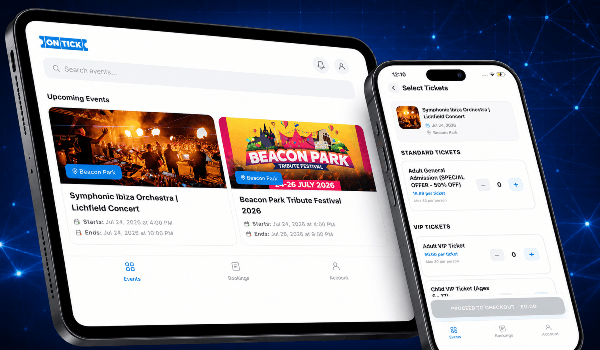 Ontick event browsing and ticket selection shown on tablet and phone
