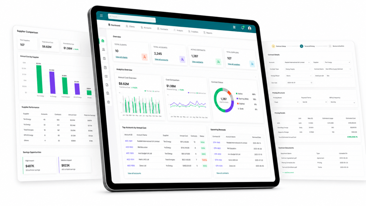 The Professional Energy ERP — dashboard, client agreements, supplier tender panel and price comparison