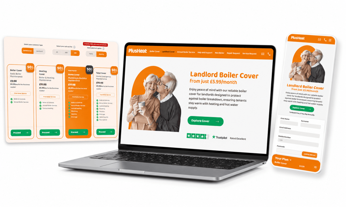 PlusHeat boiler-cover site across desktop and mobile — hero, plan configurator and lead form