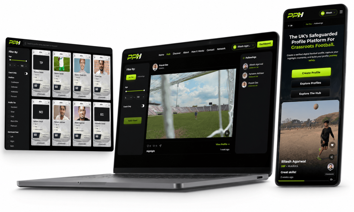 Player Profile Hub across desktop and mobile — the Hub, discovery grid and profile