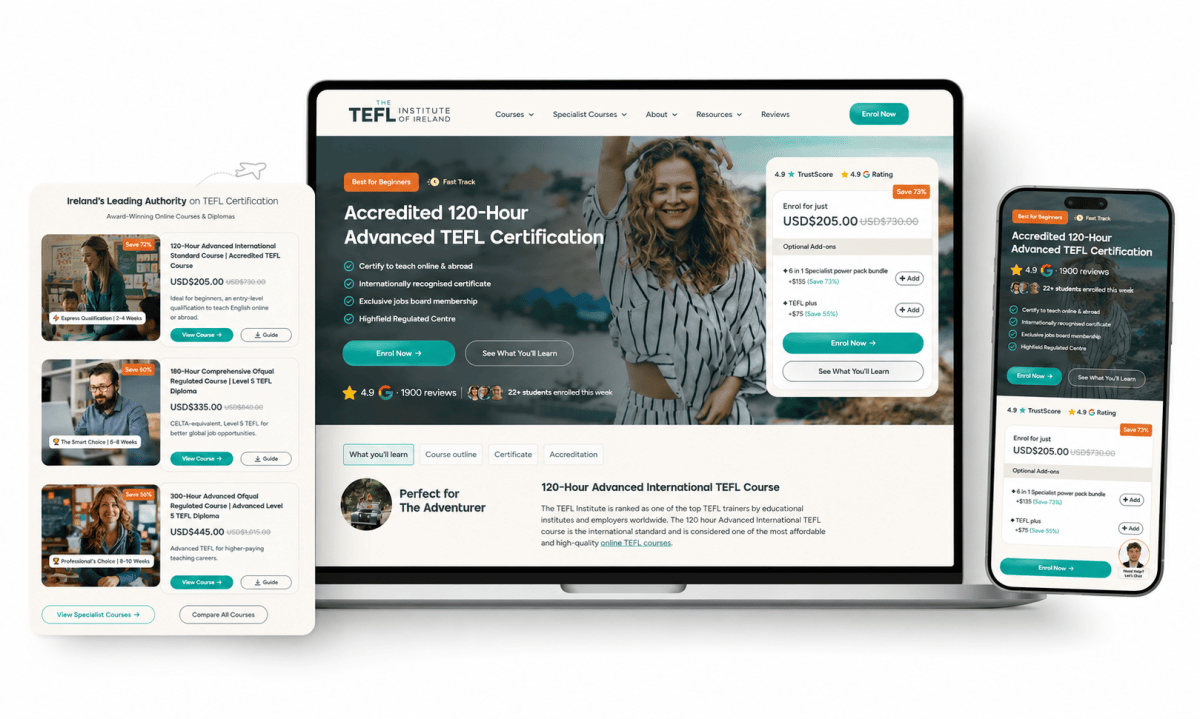 The TEFL.ie platform across desktop and mobile — the course storefront, the checkout and the Moodle learning experience