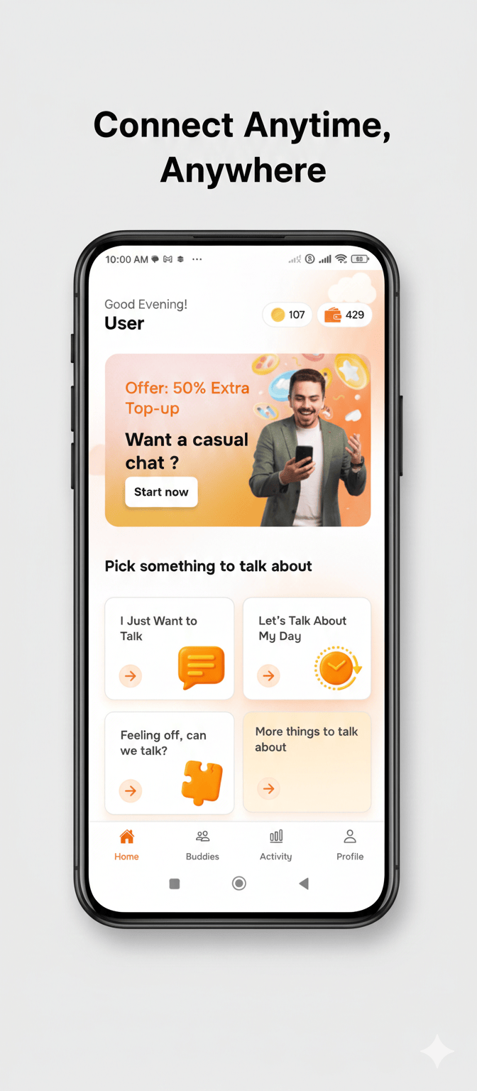 Zonely home — conversation prompts, wallet and coins