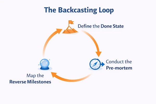 Circular infographic showing the three stages of the backcasting loop: Define the Done State, Conduct the Pre-mortem, and Map the Reverse Milestones, connected in a continuous cycle.