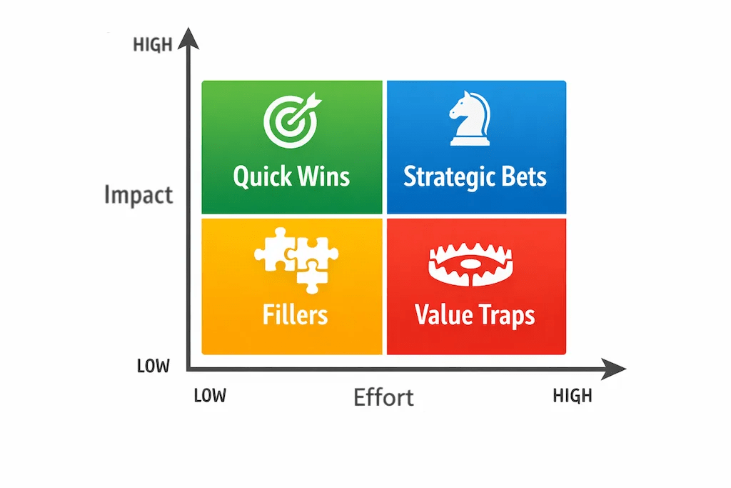 Impact Effort Matrix with filter highlighting Quick Wins, Strategic Bets, Fillers and Value Traps