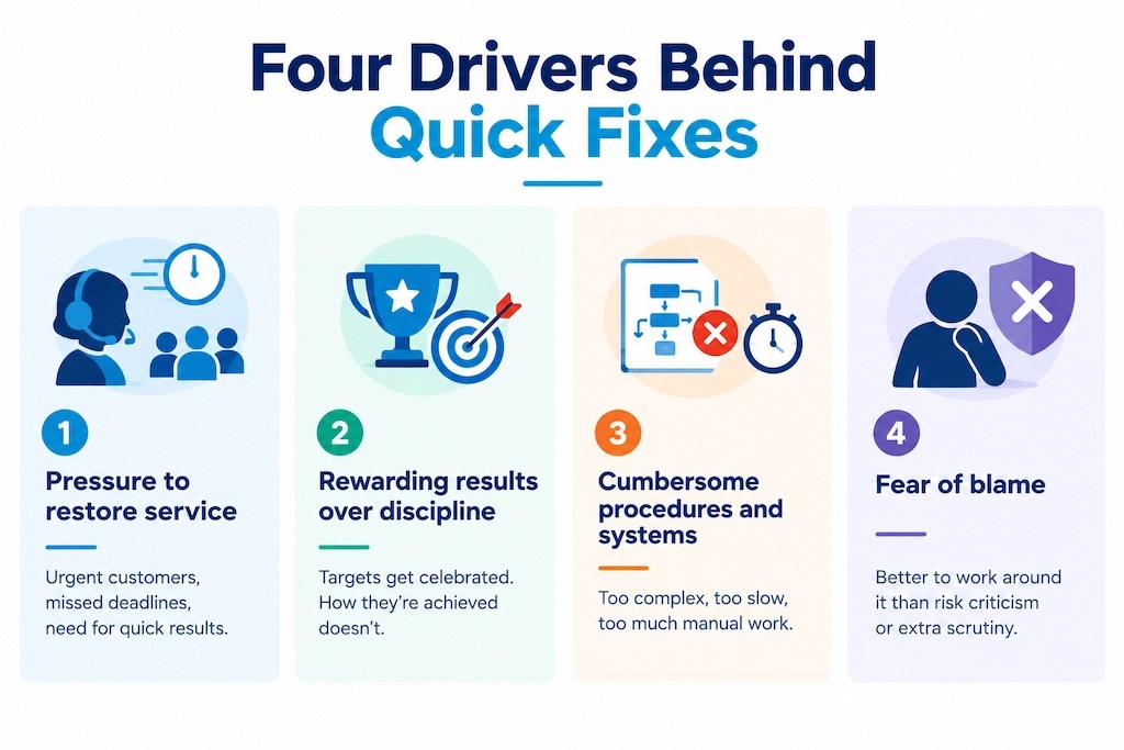 Infographic showing four drivers of process drift: service pressure, reward-driven behaviour, cumbersome procedures, and fear of blame.