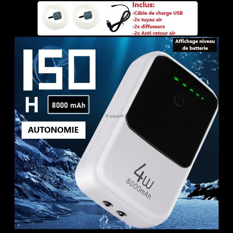 Pompe à Air Rechargeable LED Pour Aquarium - 2 Sorties, Batterie 4400mAh, Réglable 240L/h - Pour Pêche, Transport Poissons - 5
