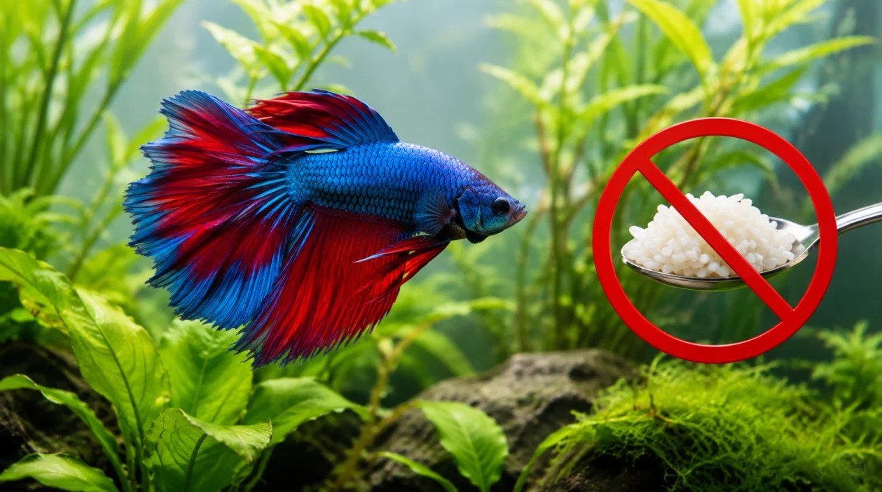 A blue and red betta fish swims in an aquarium next to a spoon with rice, crossed out with a red prohibition sign.