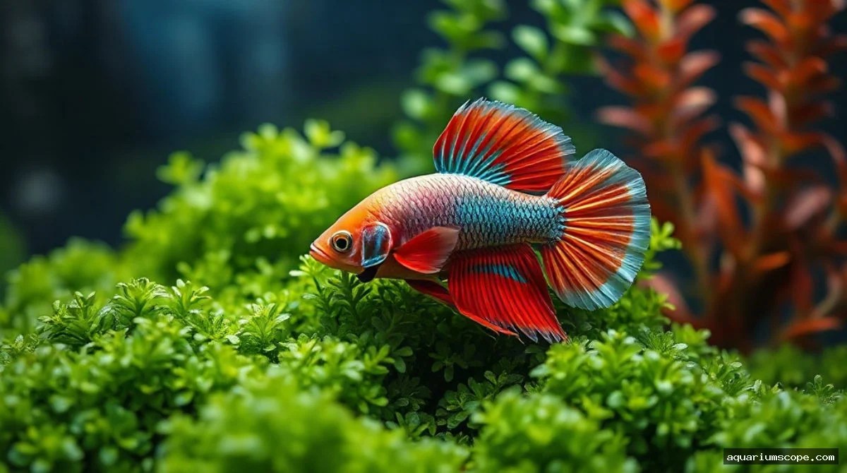 A vibrant Betta fish with orange and blue fins rests among dense green Java moss in an aquarium.