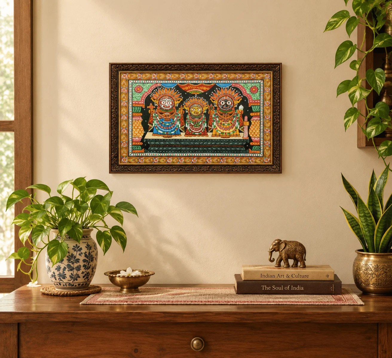 Traditional Odisha Tussar Patachitra Painting – Lord Jagannath, Lord Balabhadra and Devi Subhadra