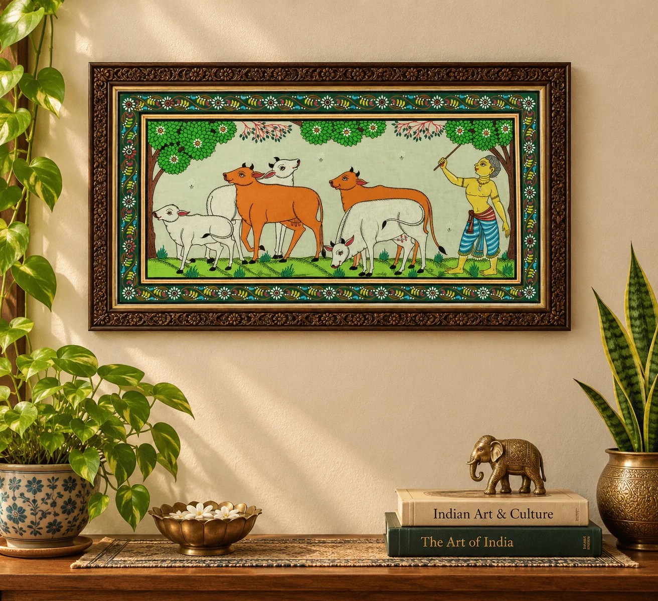 Traditional Odisha Tussar Patachitra Painting – Cowherd & Cattle