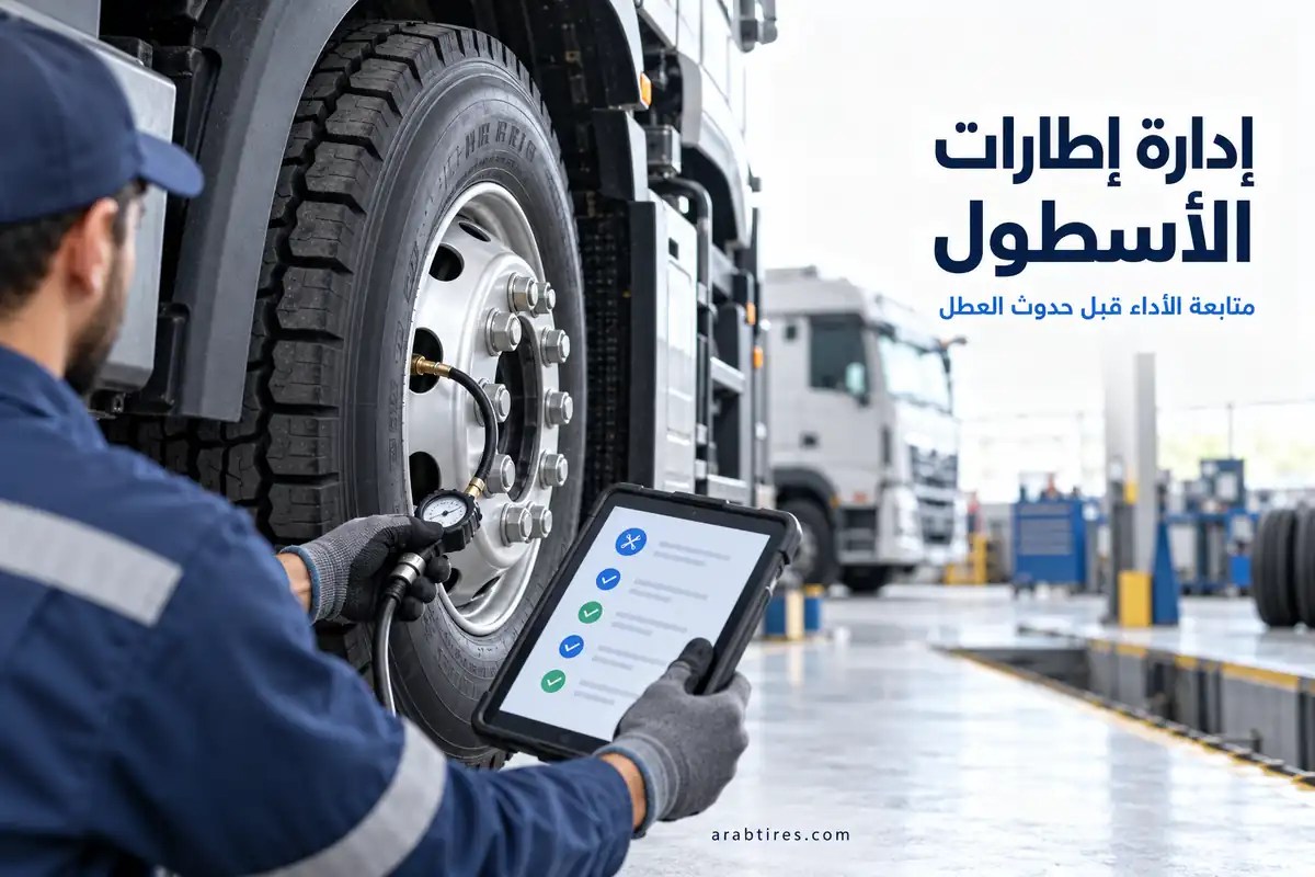 فني يفحص ضغط إطار شاحنة ضمن برنامج إدارة إطارات الأسطول