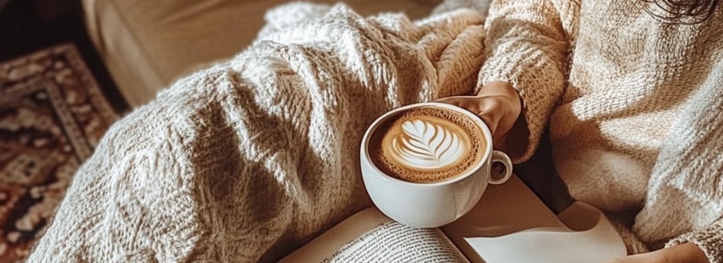 Top Tips for Finding Good Places to Study in Fort Collins 2 Arboretum Coffee A woman sitting comfortably on a couch with a latte from Arboretum Coffee and reading a book.