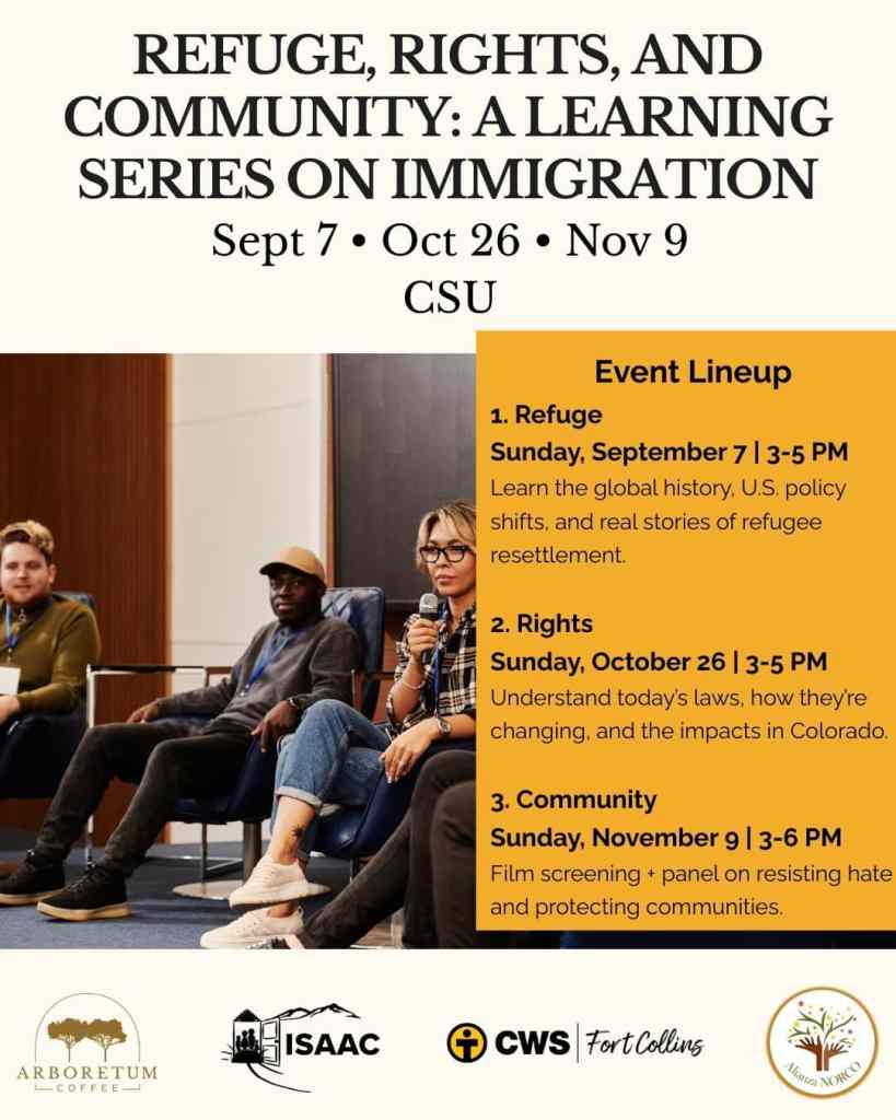 EVENTS 1 Arboretum Coffee An event flyer for 'Refuge, Rights, and Community: A Learning Series on Immigration' featuring dates and details for three sessions at CSU. The lineup includes discussions on refugee history, rights, and community activism, with a background of attendees seated in a modern venue. Events at arboretum.