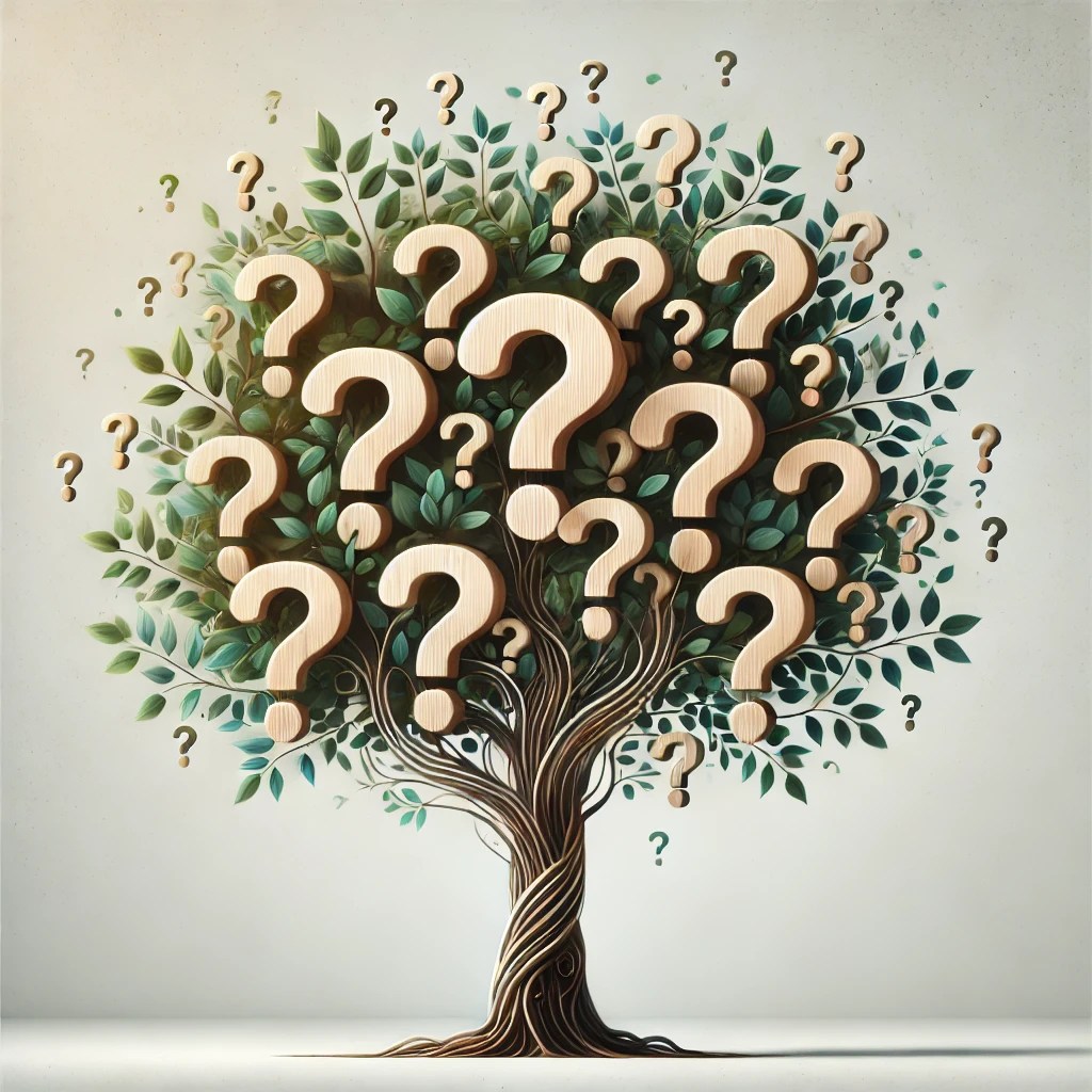 A symbolic tree with question marks integrated into its branches and leaves, representing expert consulting services for tree care and arboriculture, consulting arborist, tree care consulting, expert arborist solutions, professional tree guidance, arborist problem-solving, certified consulting arborist, tree consulting services, unique arborist logo, tree problem assessment, arboriculture consulting