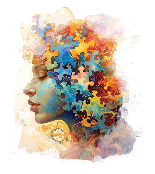Abstract Women's face with coloured puzzle pieces throughout her hair symbolizing integration.