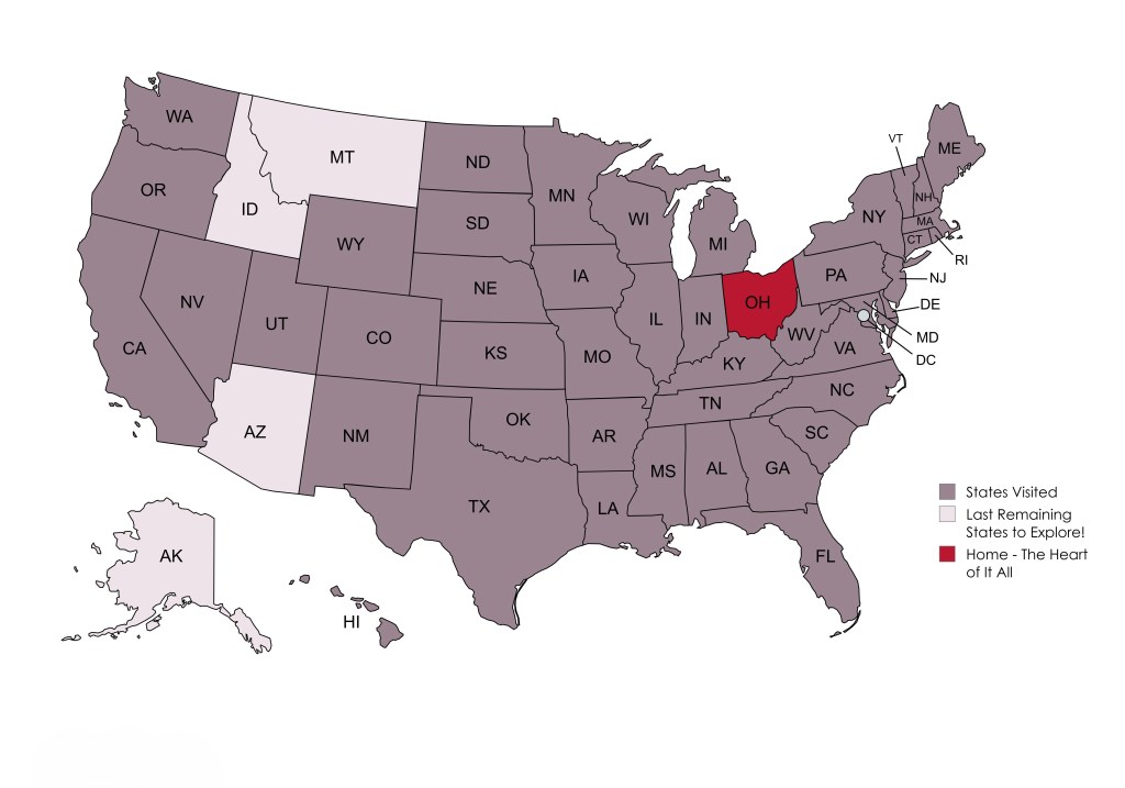 Map of the United States of America showing the states I've visited & the states I need to visit. Adventure awaits!