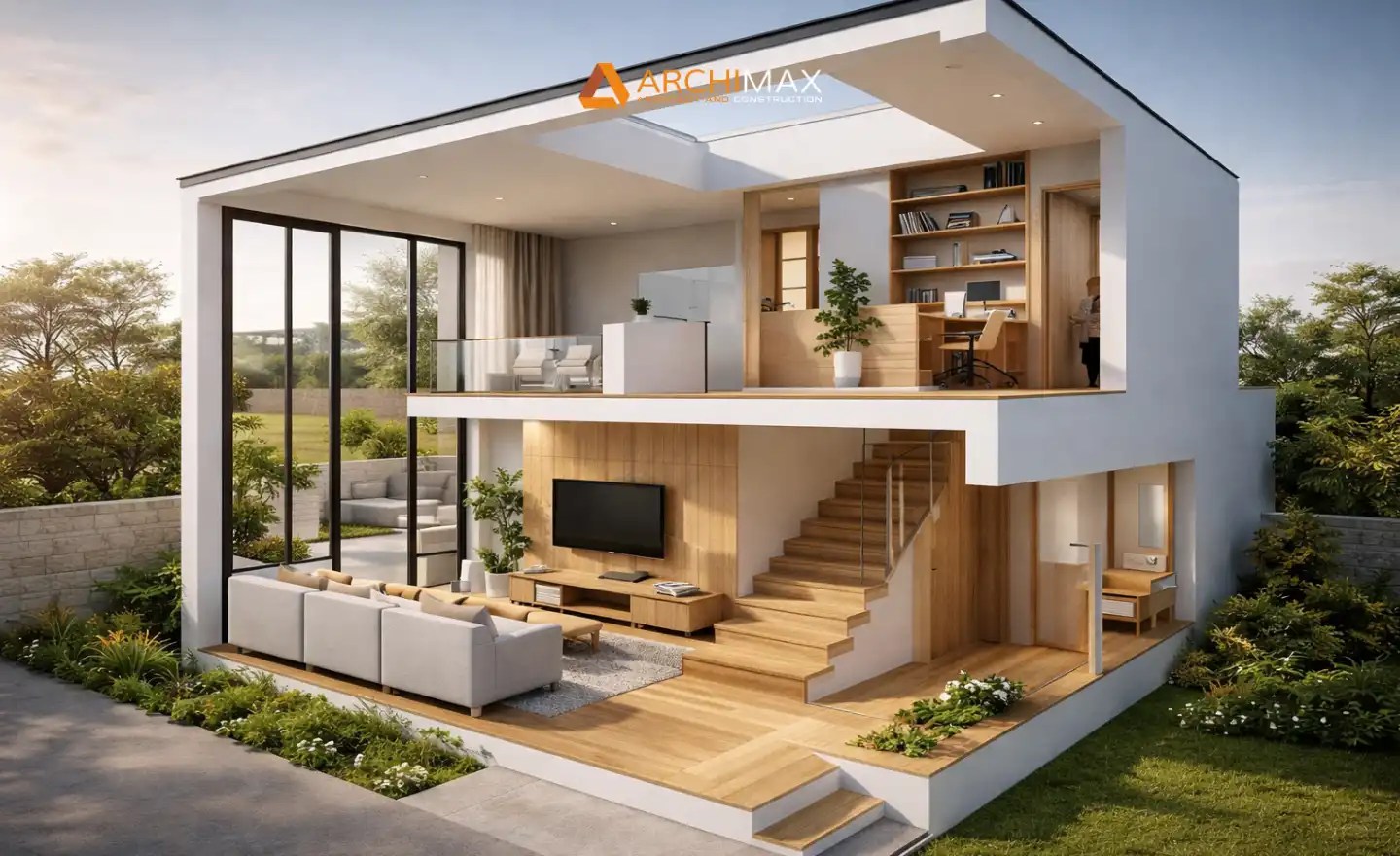 Denah potongan rumah split level 1 lantai dengan mezzanine