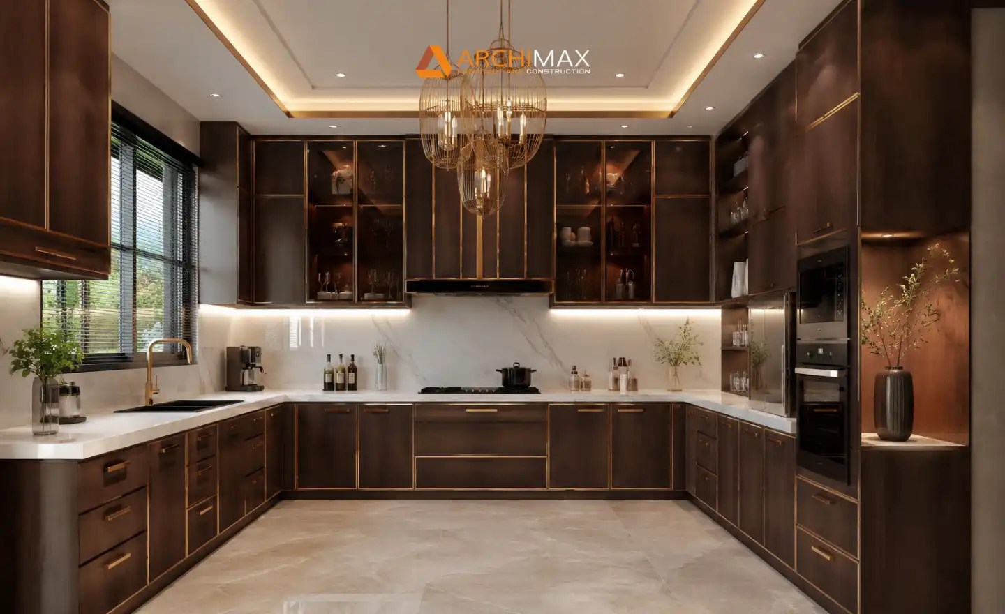 Kitchen set bentuk U pada dapur mewah dengan countertop marmer