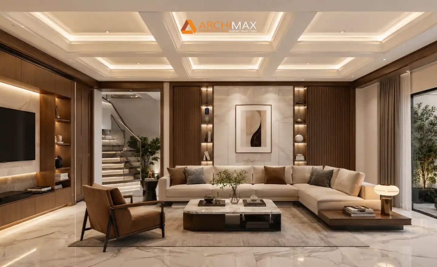 Plafon coffered panel kotak untuk ruang tamu mewah