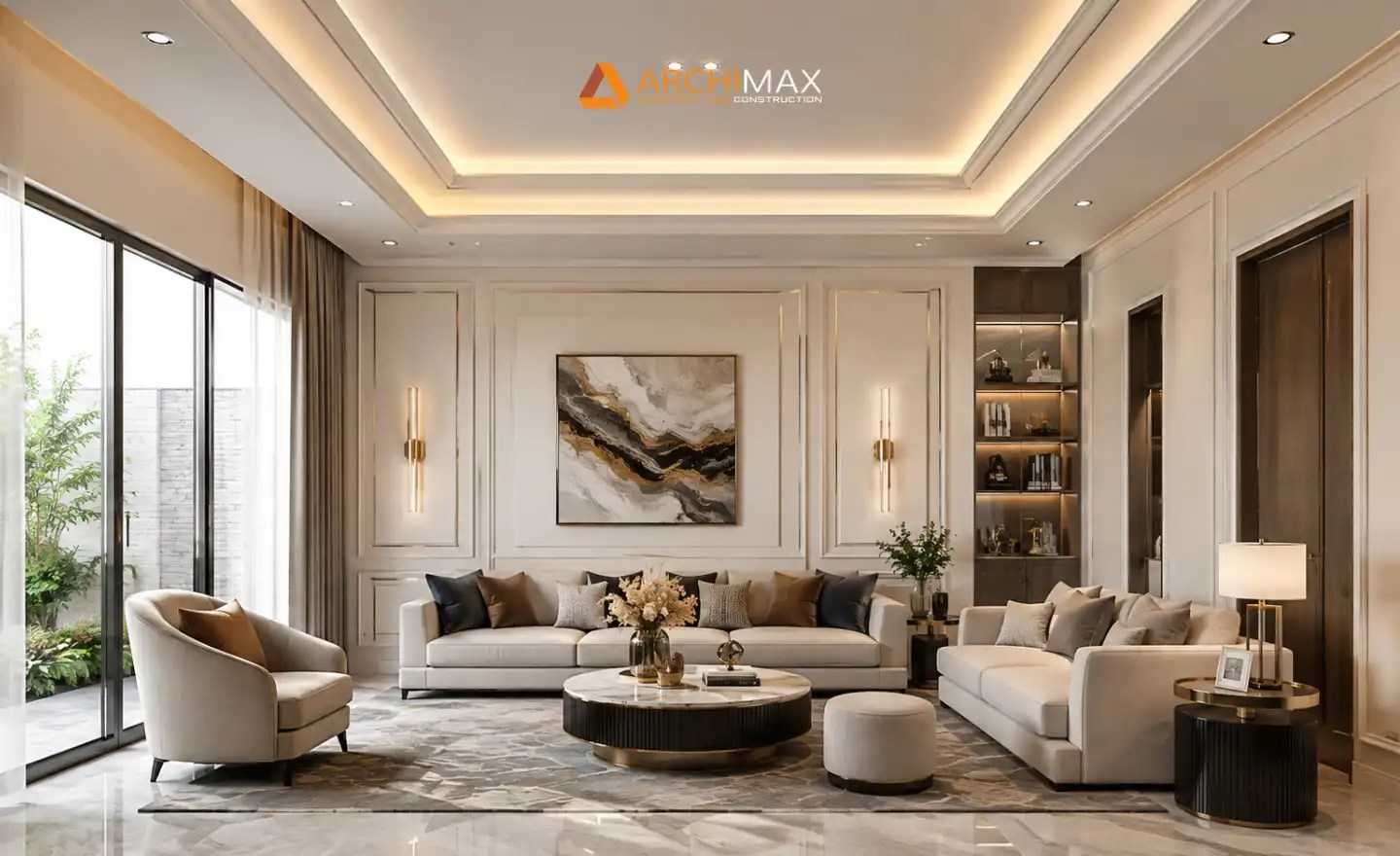 Tray ceiling dengan cove lighting untuk ruang tamu elegan