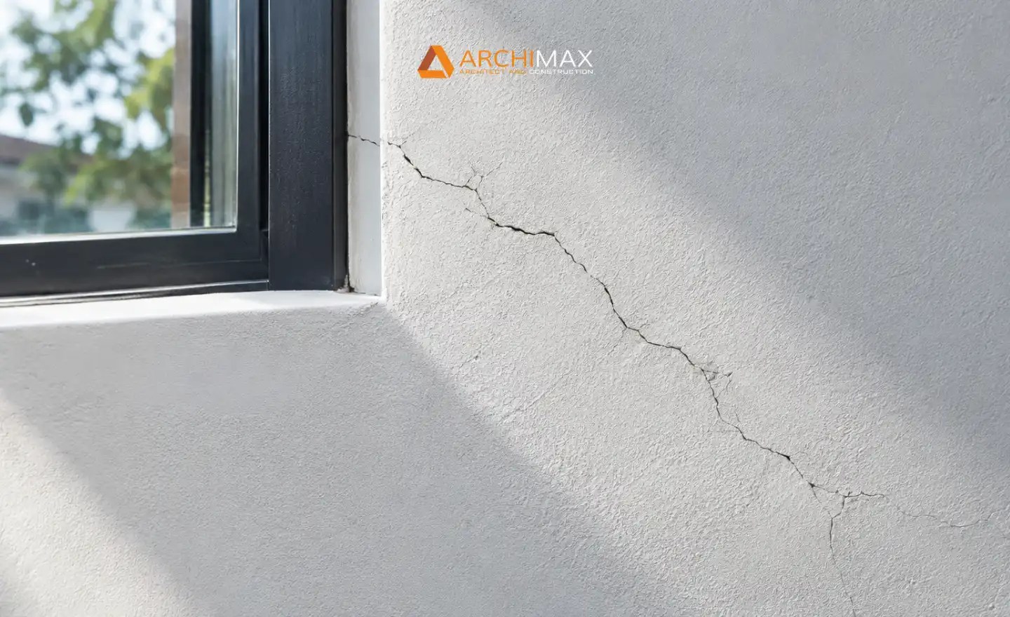dinding retak diagonal di sudut jendela rumah