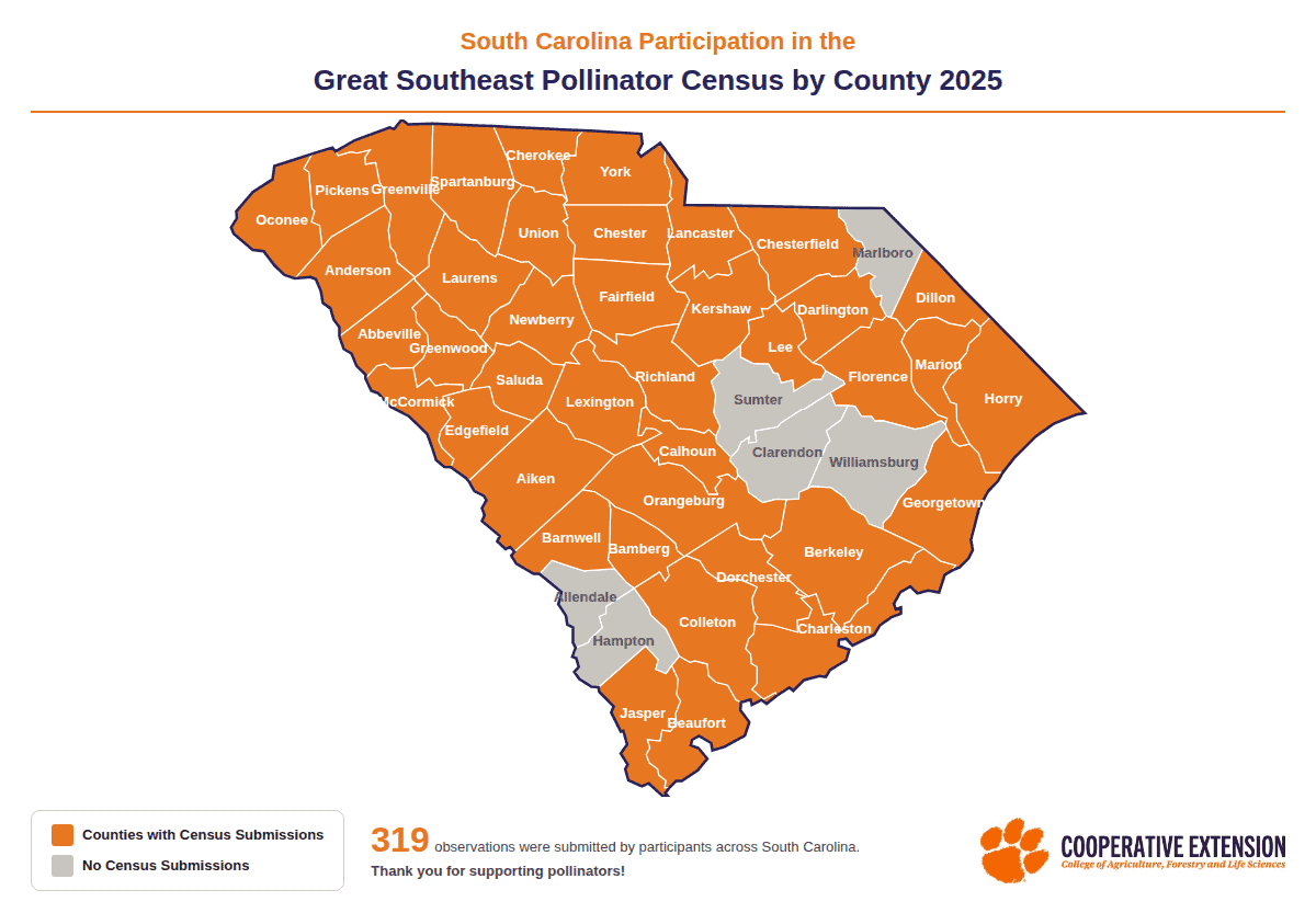 Pollinator Census South Carolina counties participating in 2025.