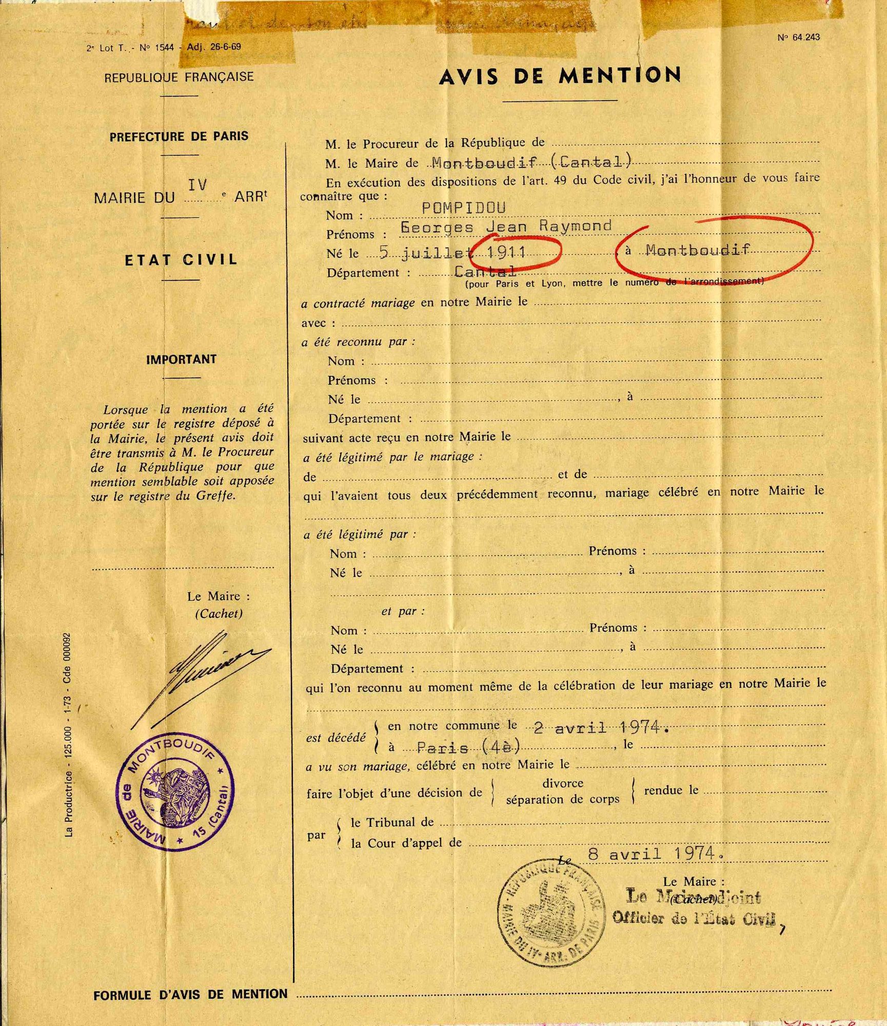 Acte de naissance de Georges Pompidou