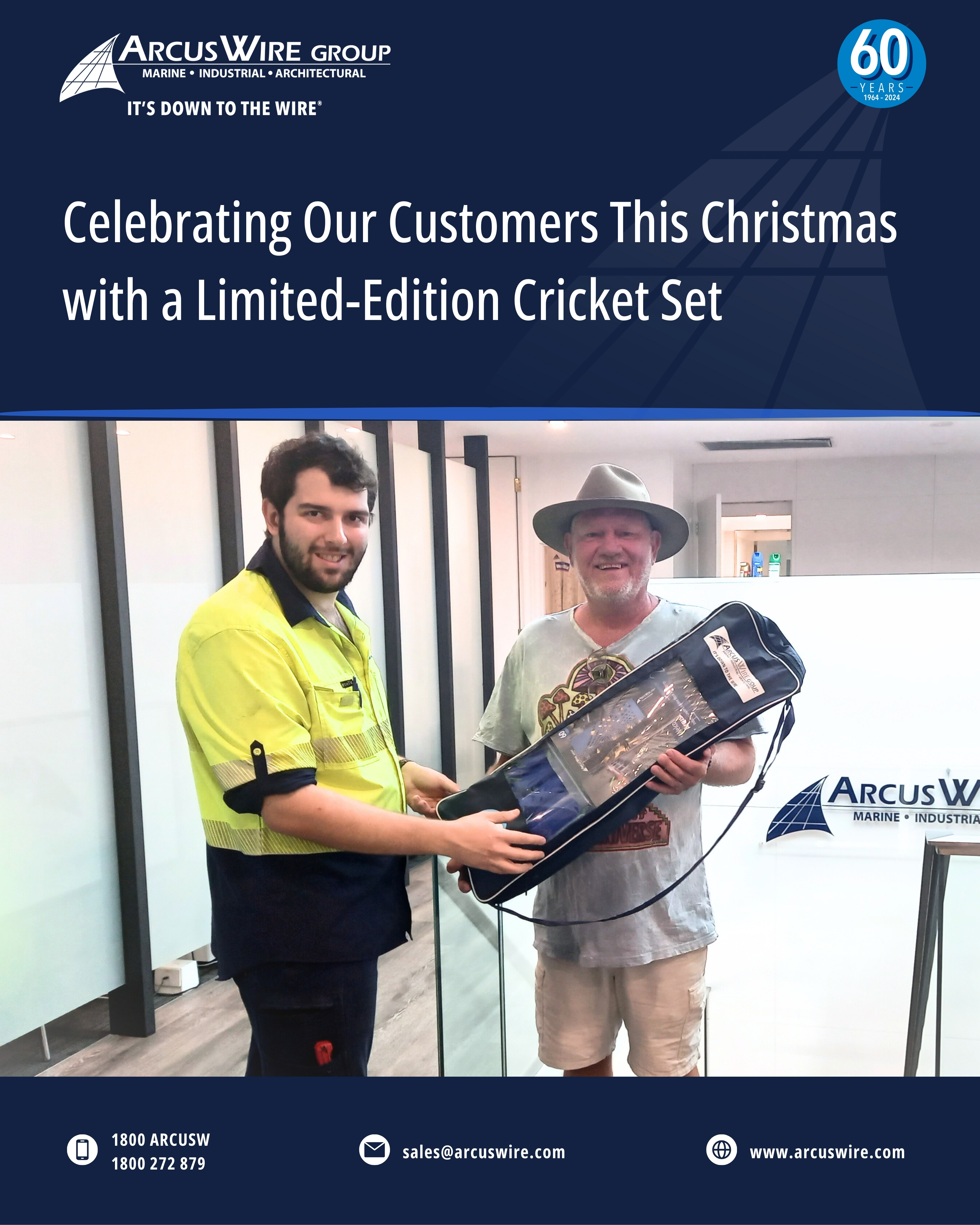 Yacht rigger John Lyons from GC Riggers receiving his Arcus Wire Group Christmas Cricket Set from Queensland Warehouse Officer Julian Krusvar.