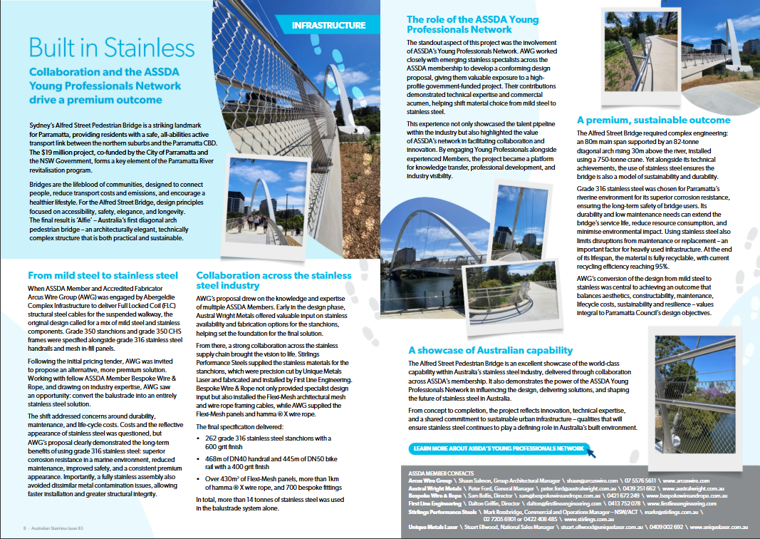 Arcus Wire Group featured in Australian Stainless Magazine Issue 83, highlighting the Alfred Street Pedestrian Bridge and ASSDA Award recognition.