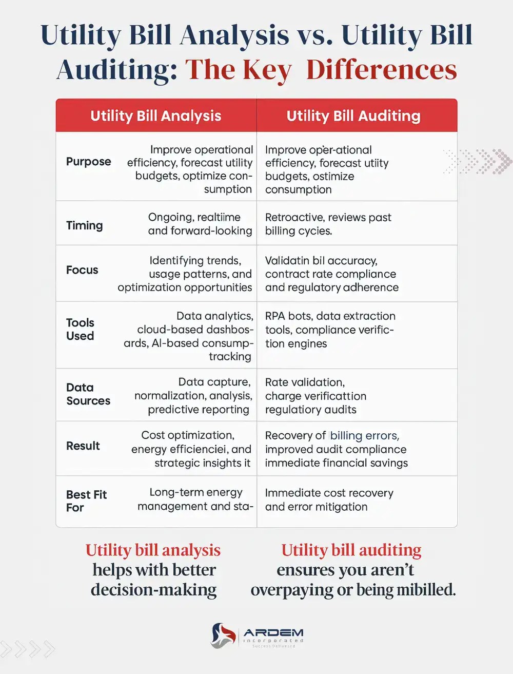 Utility Bill Analysis vs. Utility Bill Auditing: The Key Differences infographic