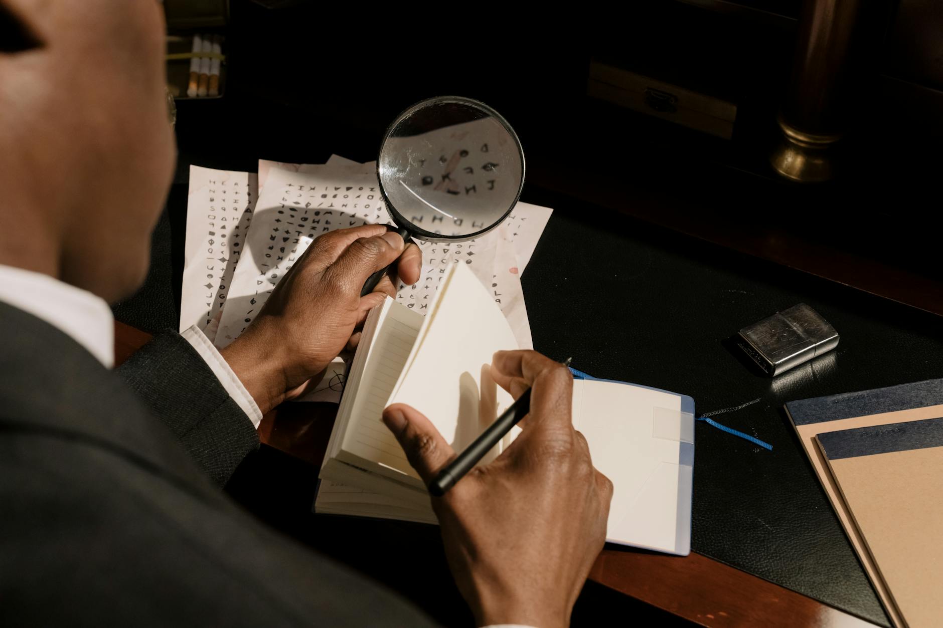 photo of detective decoding characters