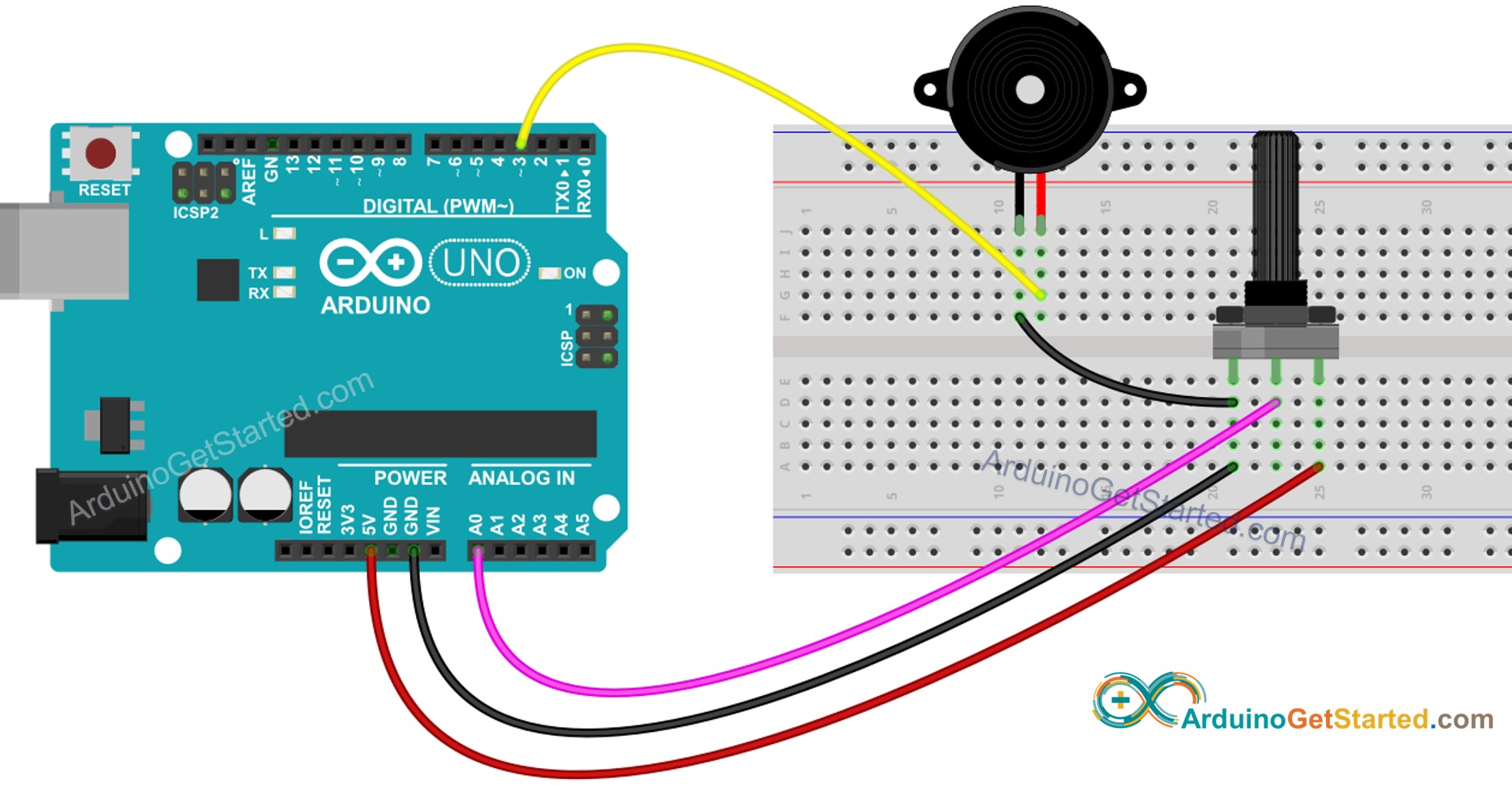 Arduino Potentiometer Triggers Piezo Buzzer Tutorial