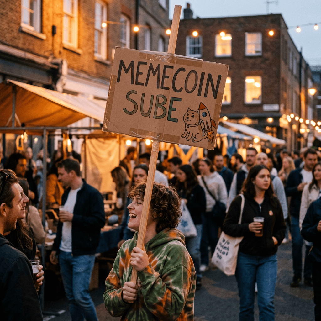 Person holding a hand-painted sign reading “MEMECOIN SURE” in a crowded street market