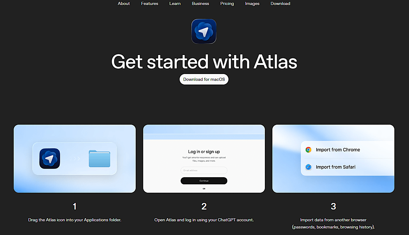 Atlas AI Browser setup screen showing how to get started with the AI-powered browser and sign in with a ChatGPT account