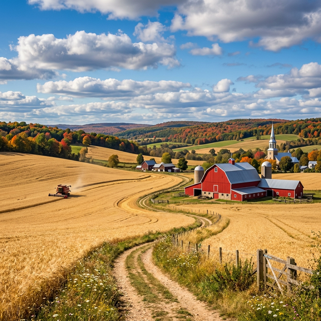 Wheat field with combine harvester near red barn and fall-colored hills