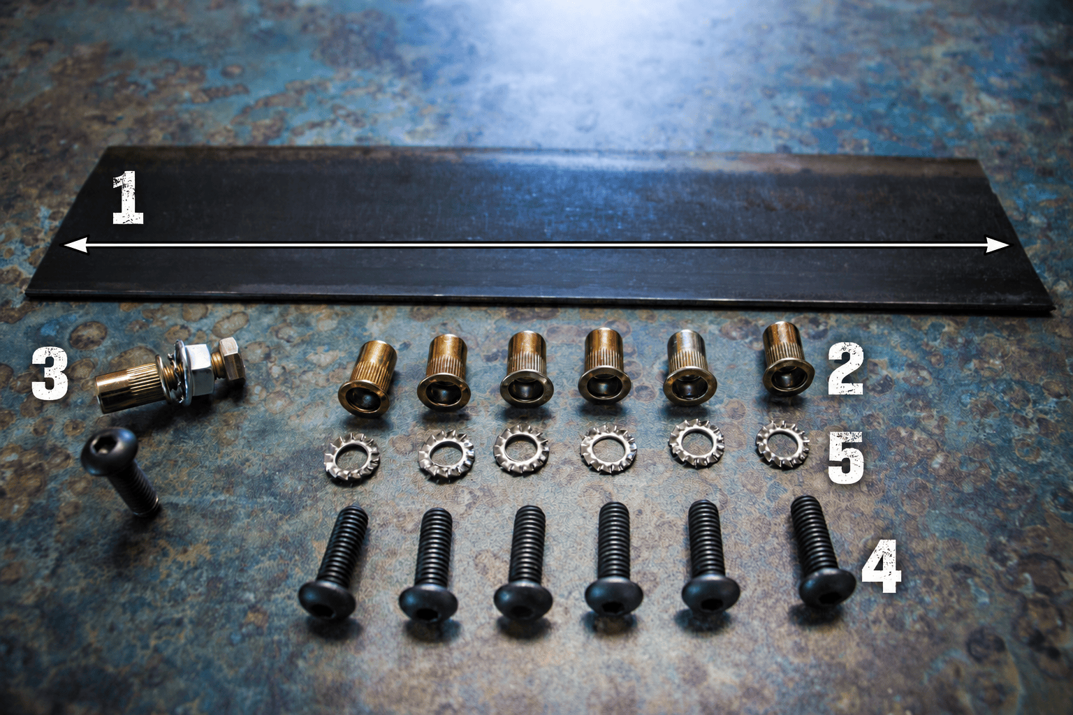 Ford ARmA15 hardware diagram: 1 support bar, 2 rivnuts, 3 rivnut installation tool, 4 mounting bolts, 5 lock washers