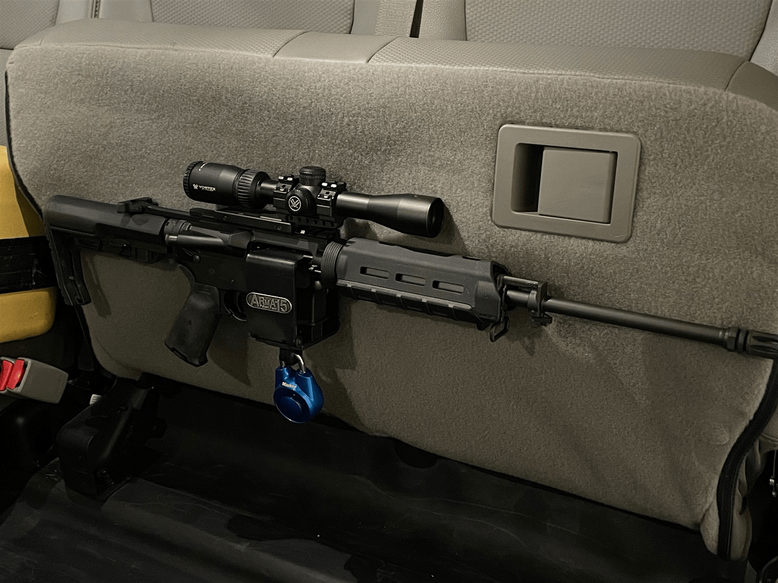 Mark’s Ford F-150 under-seat ARmA15 mount with a padlock