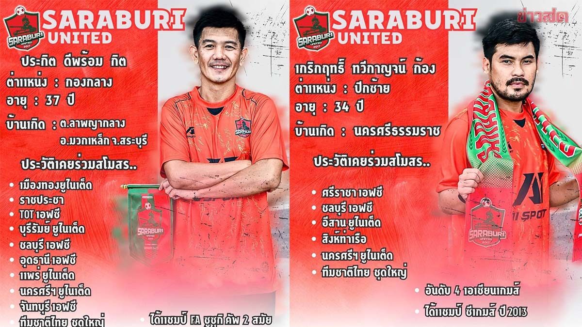 สระบุรี ยูไนเต็ด ปิดดีล ประกิต-เกริกฤทธิ์ ร่วมทัพสู้ศึกไทยลีก 3 ฤดูกาลใหม่