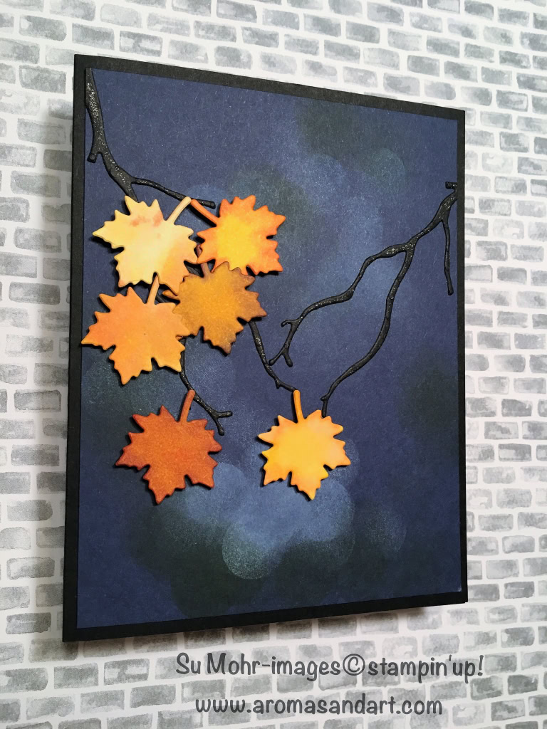 By Su Mohr for Fusion Card Challenge; Featuring: Seasonal Layers, Stampin' Blends, sponge daubers; For more details click on visit to go to my blog; #stampinblends #seasonallayers #winkofstella #spngedaubers #technique #leaves #stampinup