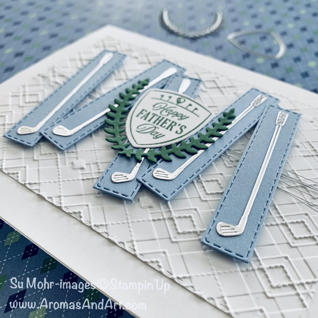 By Su Mohr for TGIF; Click READ or VISIT to go to my blog for details! Featuring: Clubhouse Bundle, Clubhouse Stamp Set, Golf Club Dies, Argyle embossing, Stitched Rectangles Dies; #fathersdaycards #masculinecards #golf #golfclubs #clubhouse #argyle #handmadecards #handcrafted #diy #cardmaking #cardsketches #cardchallenges