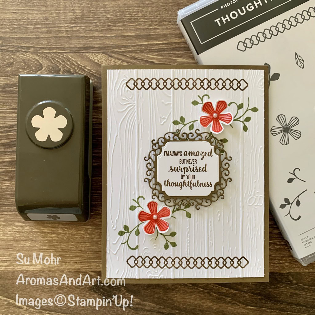 By Su Mohr for cts; Click READ or VISIT to go to my blog for details! Featuring; Small Bloom Punch, Thoughtful Blooms Stamp Set, Wood Planks embossing, Ornate Frames Dies; #drawings #smallbloompunch #giveaways #freestuff #stampinup #thoughtfulblooms @handmadecards #handcrafted #diy #papercrafting #cardmaking #cardsketches #cardchallenges #thankyoucards