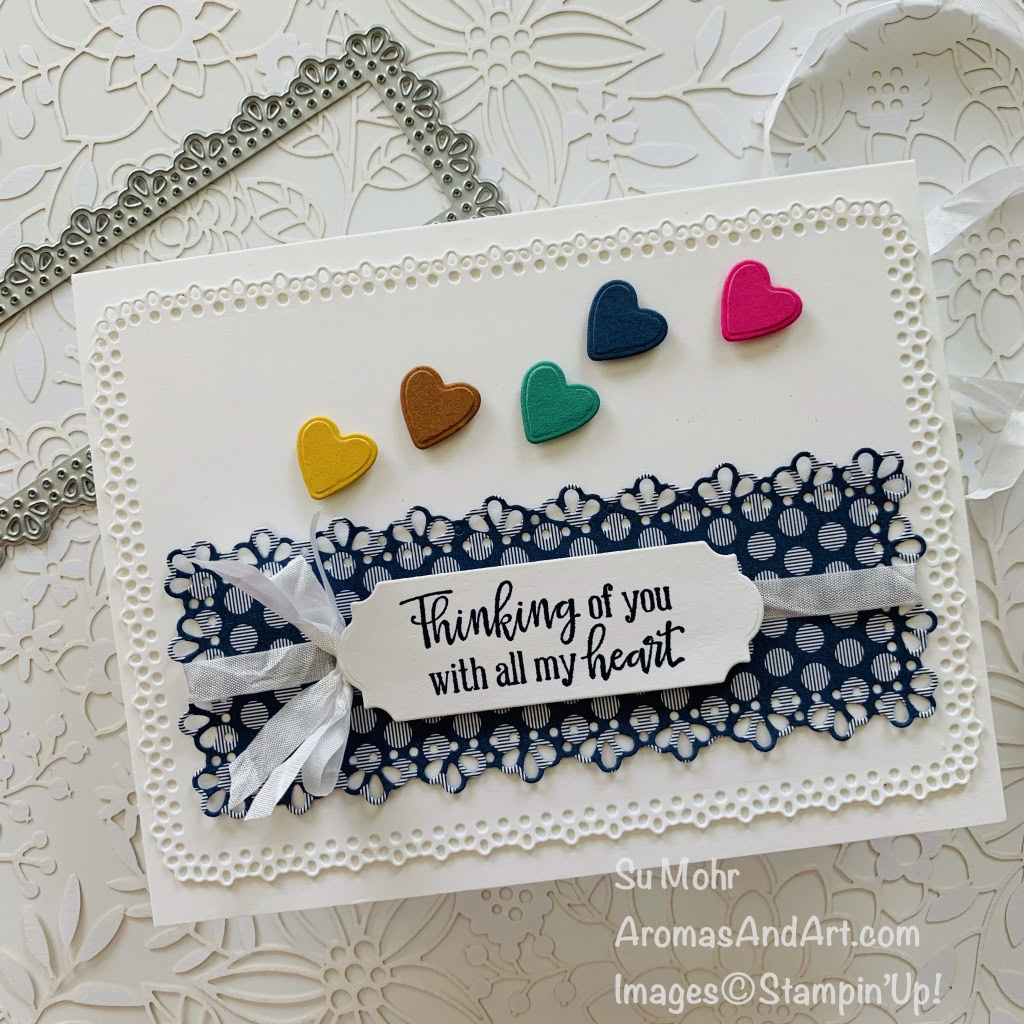 By Su Mohr for Pals Blog Hop; Click READ or VISIT to go to my blog for details! Featuring: five in colors cardstock, Crinkled Seam Binding Ribbon, Peaceful Moments Stamp Set, Ornate Frames Dies, Ornate Layers Dies, Birds & More Dies; #palsbloghop #bloghops #incolors #2020-2022 #hearts #heartsoncards #ornateframes #handmadecards #handcrafted #diy #cardmaking #papercrafting